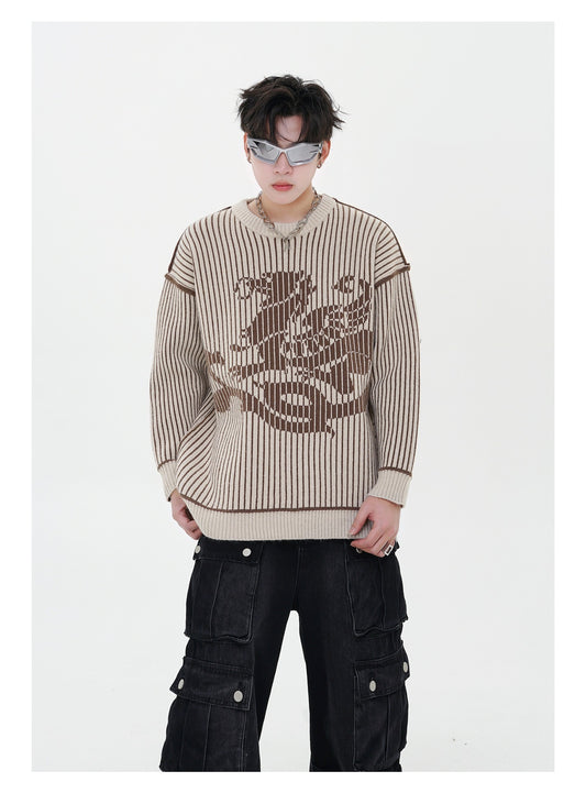 Vintage Vertical Stripes Contrast Color Jacquard Knitted Long Sleeve