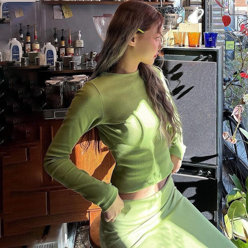 Round Neck Long Sleeve T-shirt Patchwork Slit Long Skirt Suit