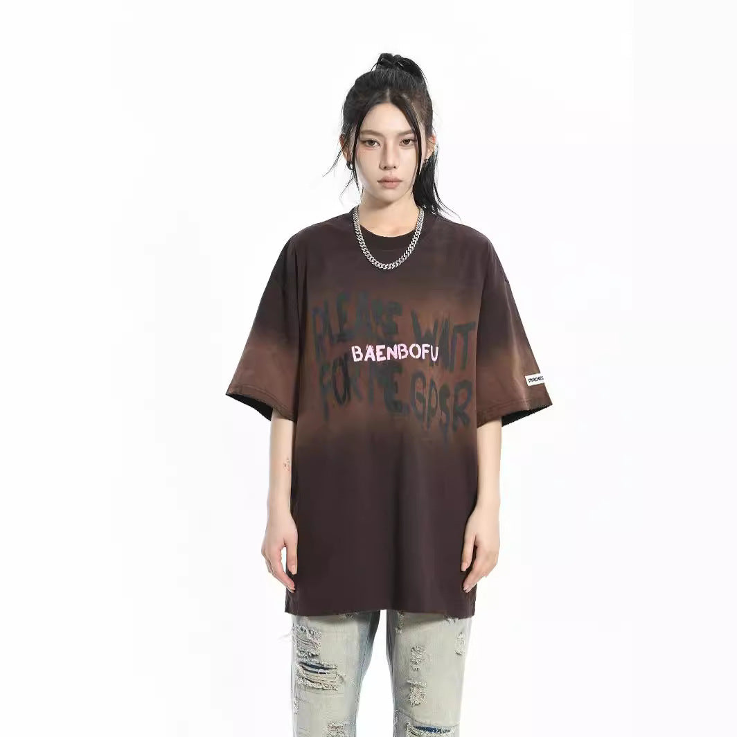 American Retro Washed Distressed Letters Graffiti Short Sleeve