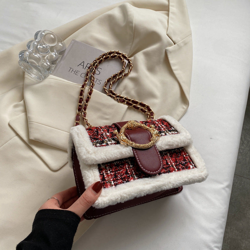 Woolen Fashion Chain Shoulder Bag Retro Plush Stitching
