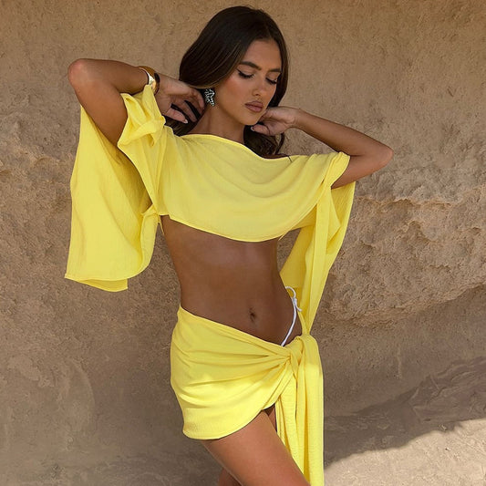 Vacation Style Fashion Off-shoulder Top Wrap Skirt Two-piece Set