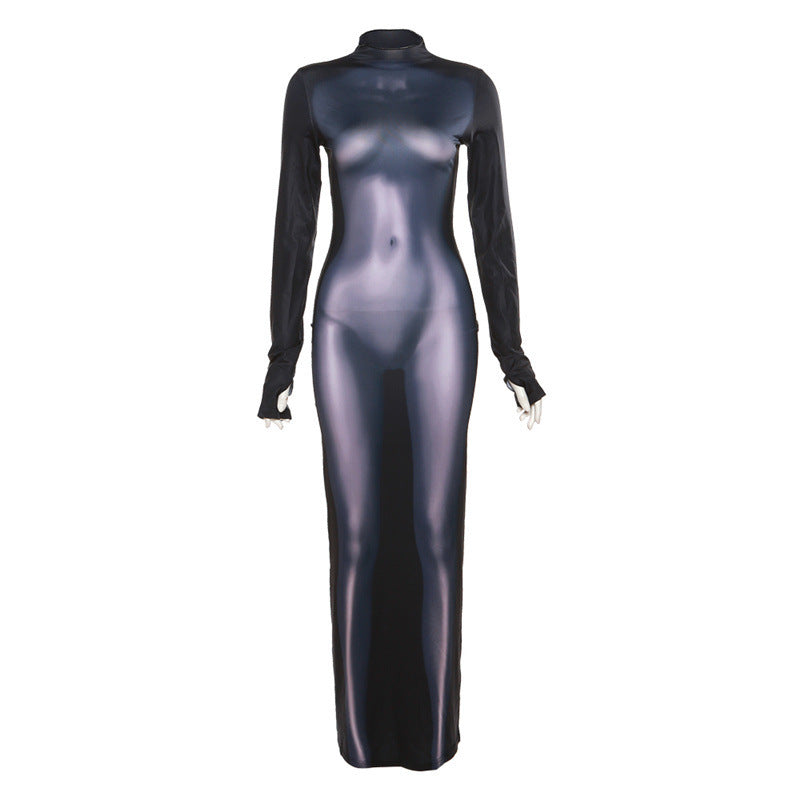 Fashion 3D Body Print Round Neck Long Sleeve Slim Hip Bag Dress