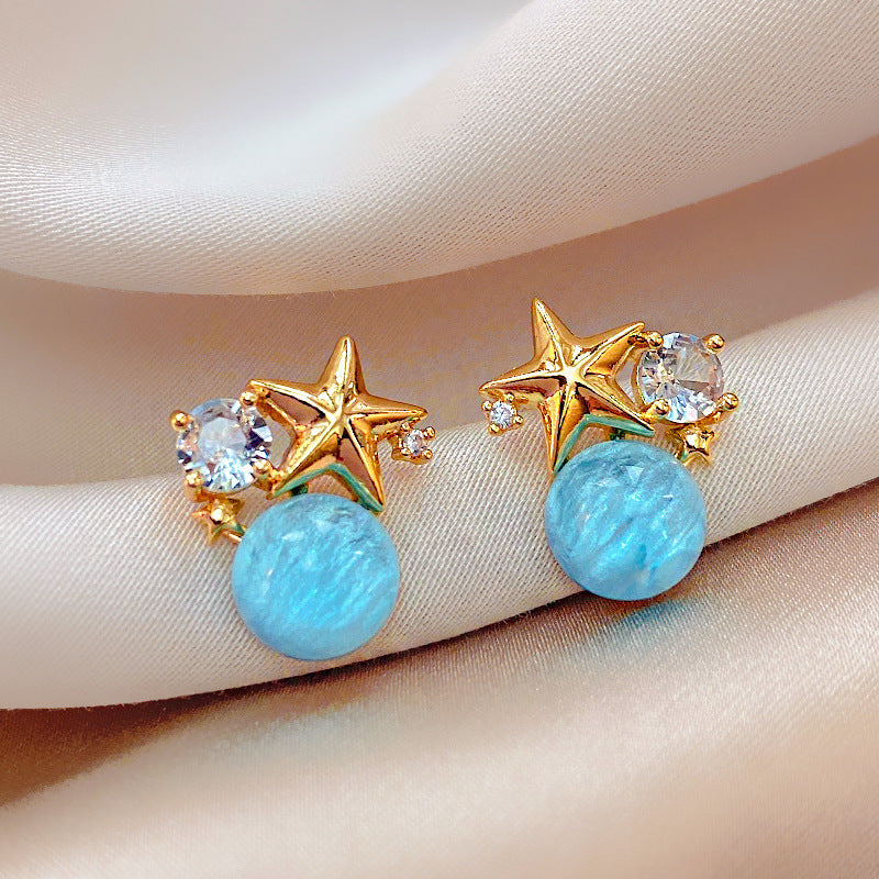 Starfish Blue Beads Zircon Stud Earrings For Women Simple And Compact