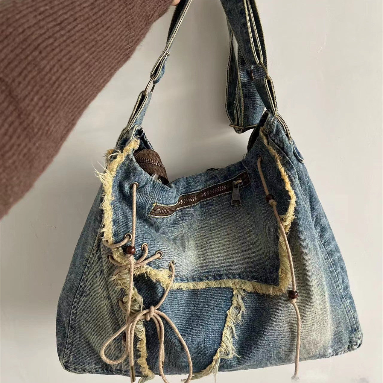 Vintage Denim Washed Brushed Tassel Messenger Bag