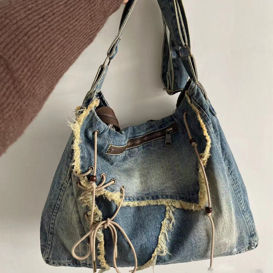 Vintage Denim Washed Brushed Tassel Messenger Bag