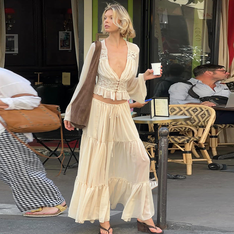 Womens Lace Chiffon Cardigan Top And Loose Long Skirt Set