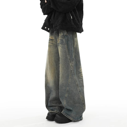 Washed Distressed Stitching Jeans Men's Straight Loose Wide-leg Pants