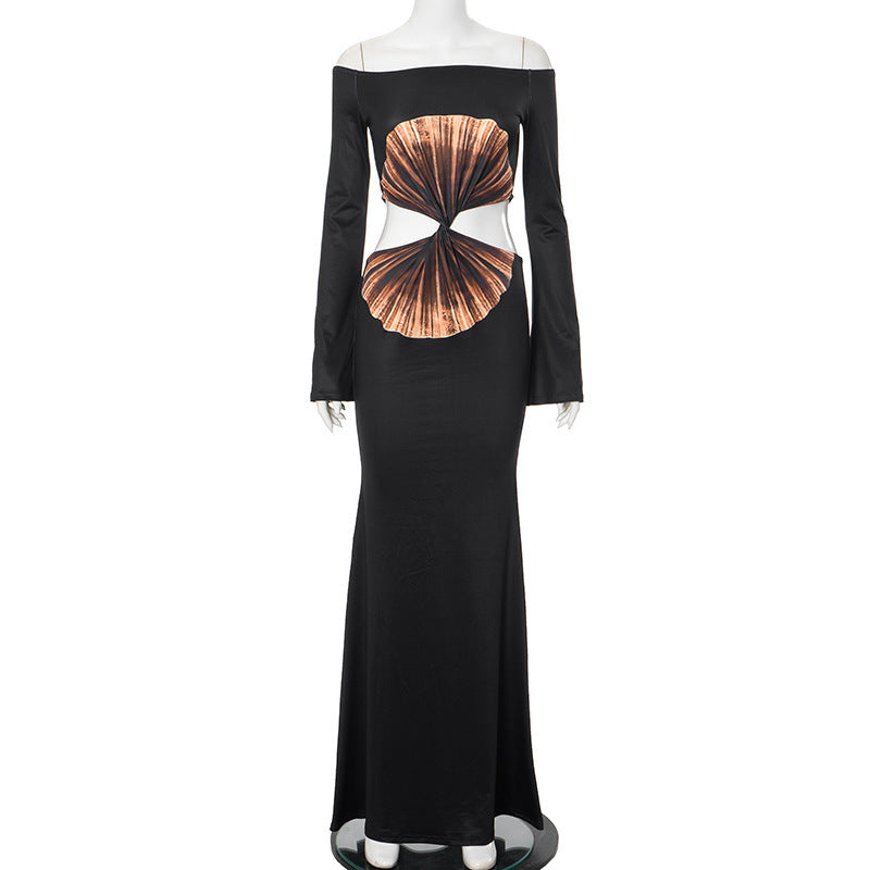 Fashion Shoulder-baring Hollow Print Dress