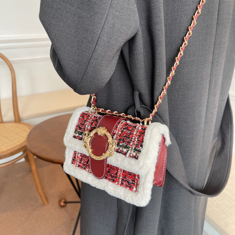 Woolen Fashion Chain Shoulder Bag Retro Plush Stitching