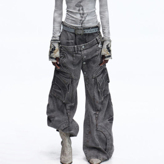 Asute Dyed Pearl Canvas Work Pants With A Slanted Placket And Double Waist Design