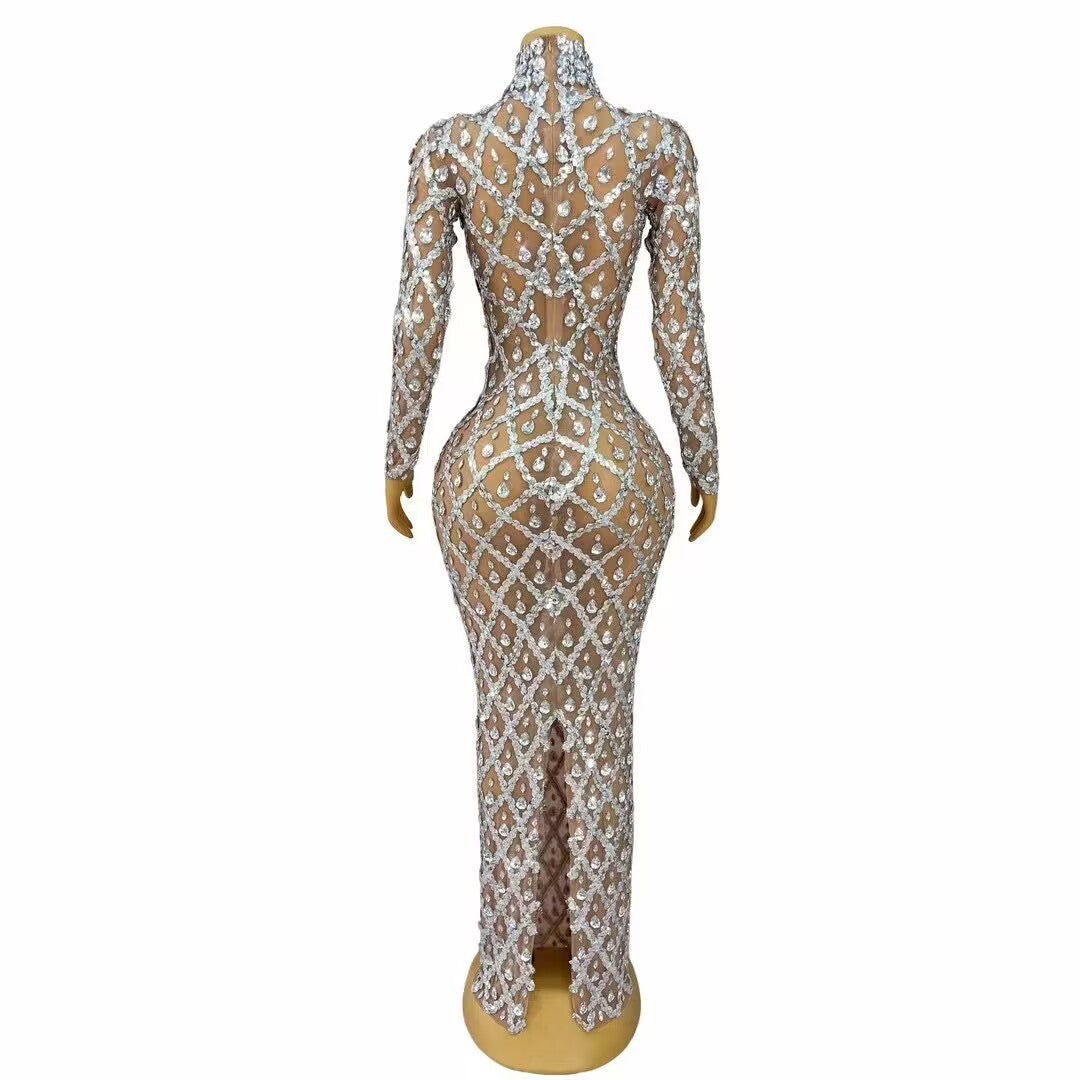 Luxury Beautiful Shining Rhinestone Sexy See-through Mesh Long Dress