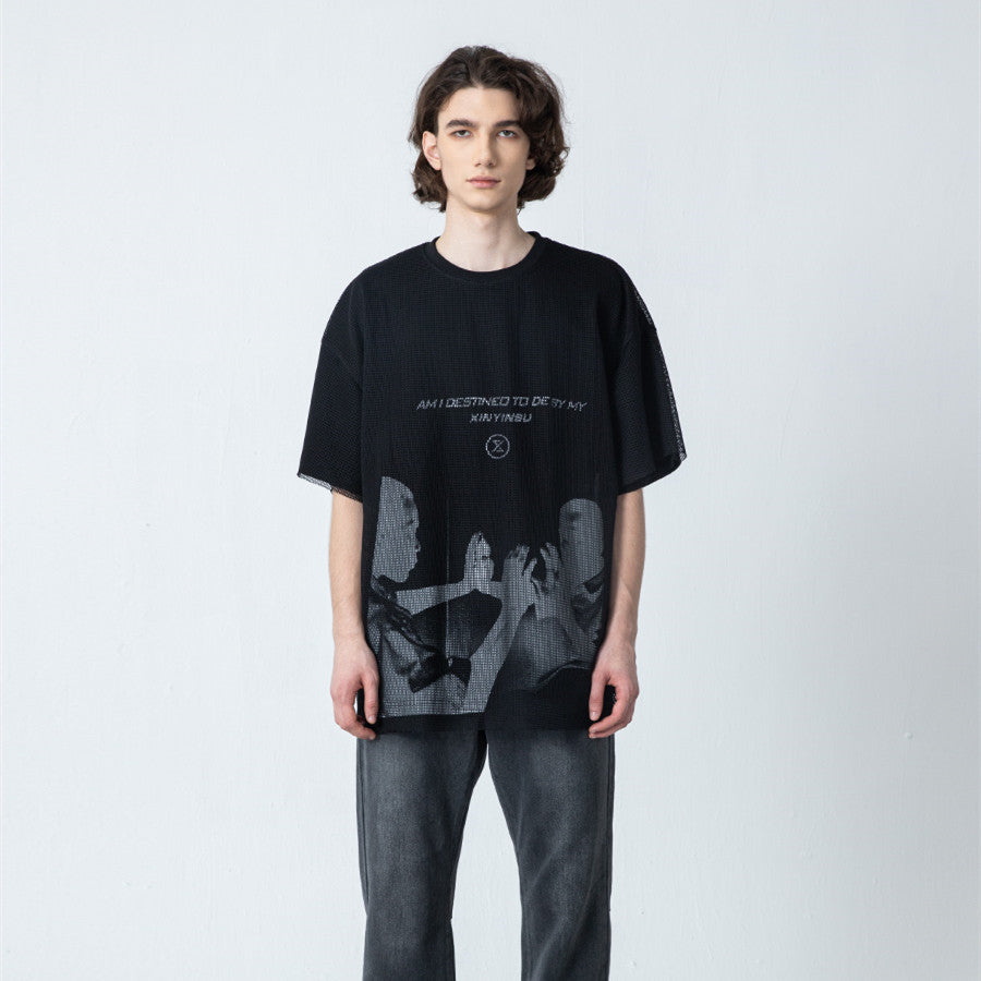 New Letter Portrait Color Reversal Graphic Print T-shirt Men