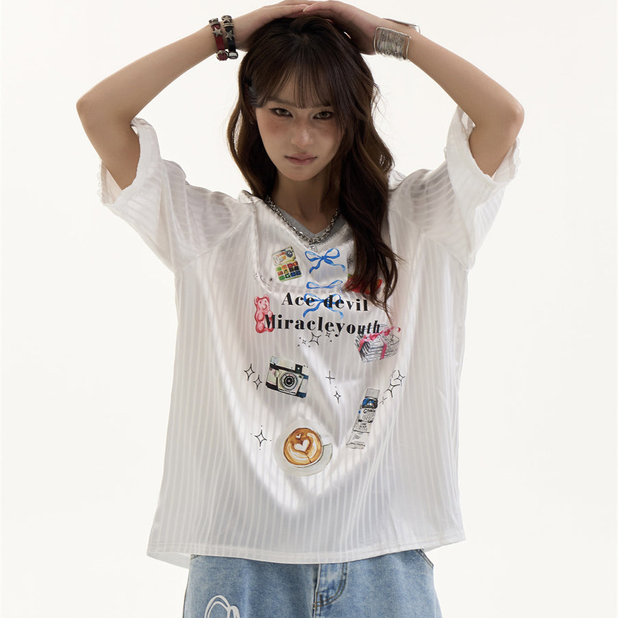 Female Retro V-neck Letter Printed Short Sleeved Shirt