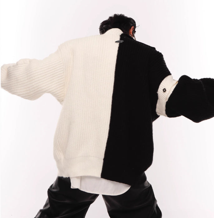 Deconstructing Sweater Loose Black And White Stitching Design Cardigan Metal Button Knitted Coat
