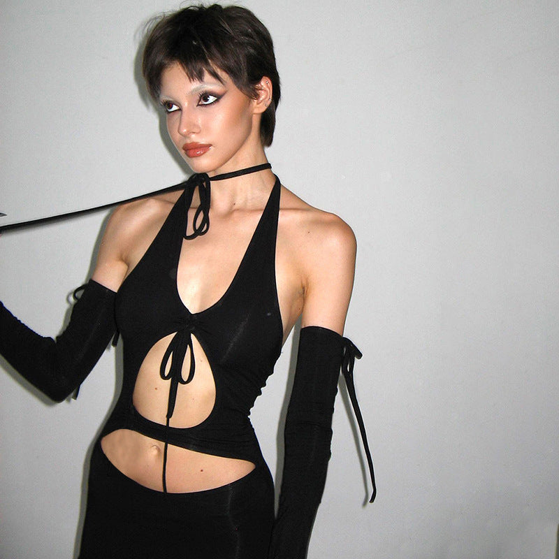 Halter Sexy Backless Lace Up Long Sleeve Dress