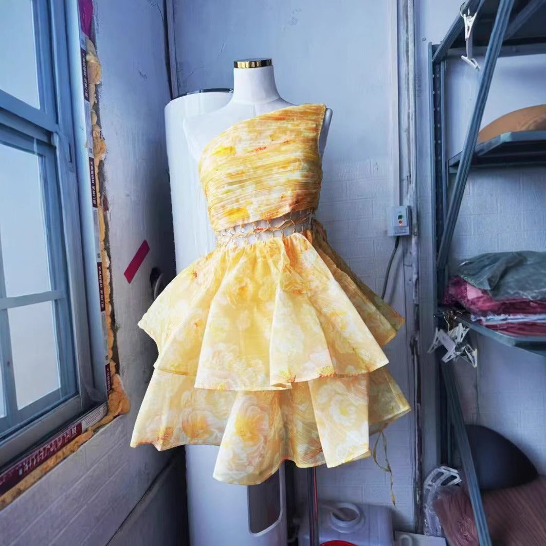 Style One-shoulder Pleated Lace-up Cutout Printed Puffy Cake Dress