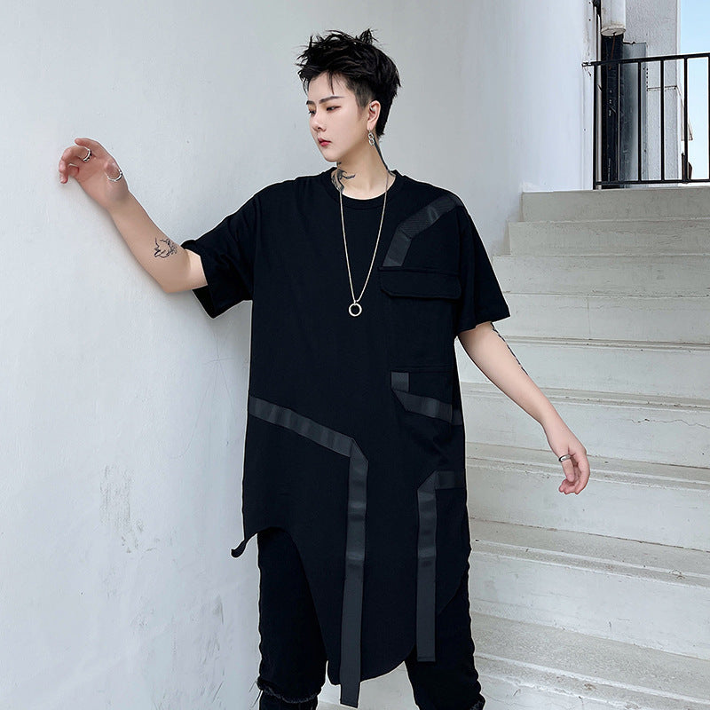 Dark Mid-length Asymmetrical Hem Short-sleeved T-shirt