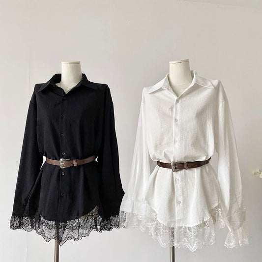 Lace Slimming Patchwork Versatile Shirt Dress With Belt