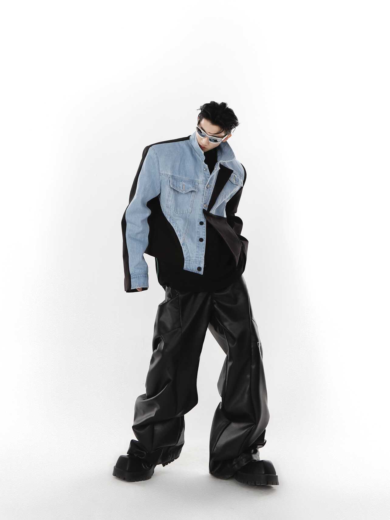 Denim  Patchwork Design Sense Padded Shoulder Suit Jacket Top