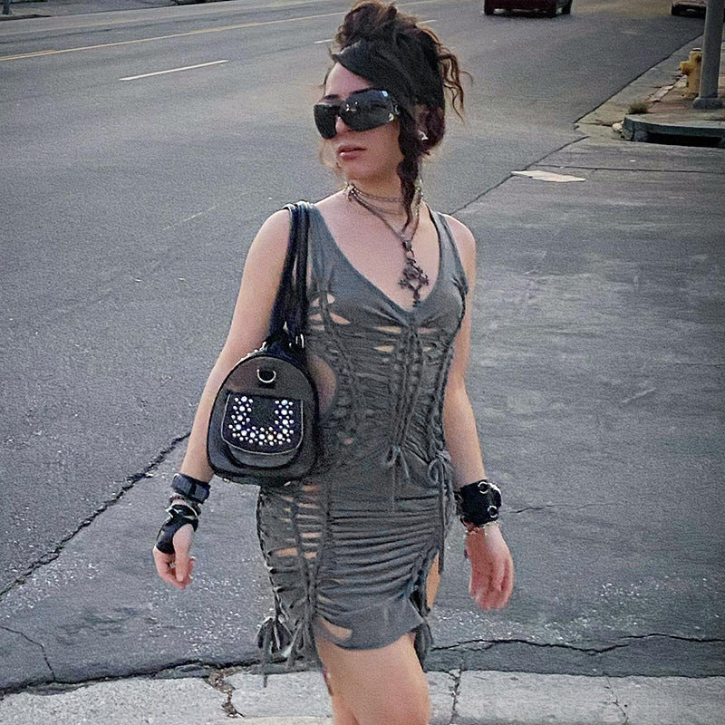 Knitted Hollow Sleeveless Suspender Dress European And American Women's Clothing Autumn Sexy Temperament Commute Hip Skirt