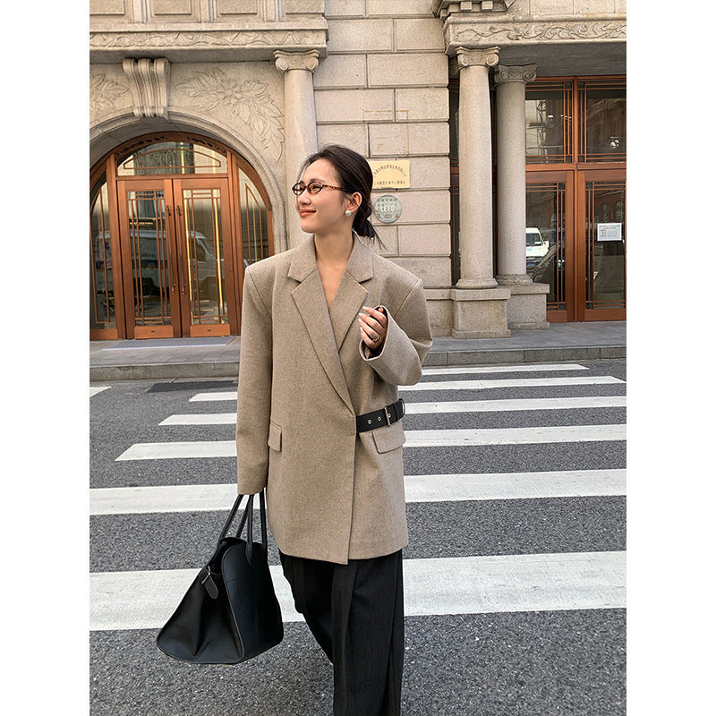 American Style Padded Shoulder Woolen Suit Women's Design Wide Waist-tight Suit Jacket