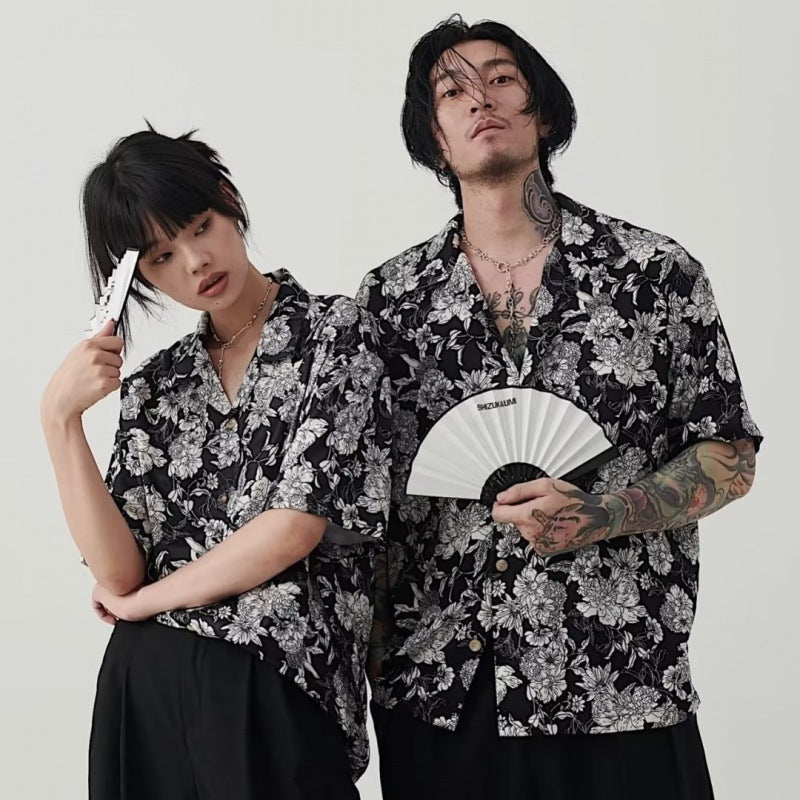 Chemise d'été hawaïenne à manches courtes, motif camélia noir et blanc, nouveau modèle.