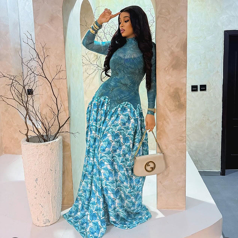 Micro-transparent A-line High-neck Elastic Slim-fit Long-sleeve Dress