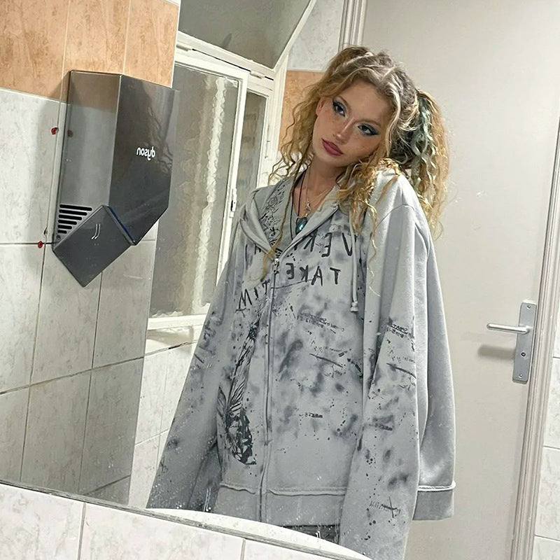 Sweat à capuche ample en tricot imprimé papillon