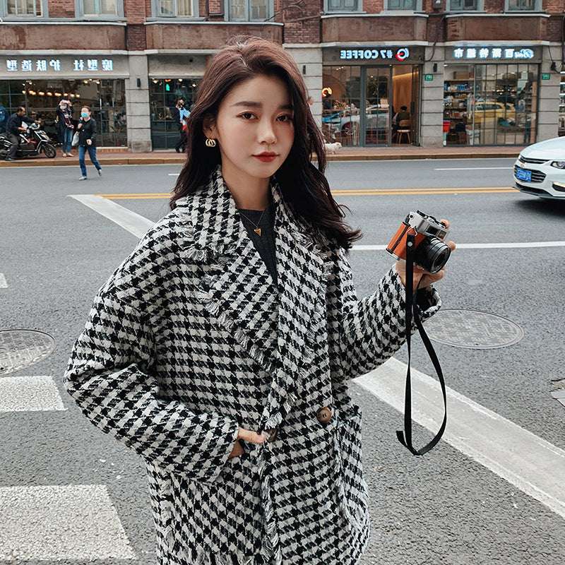 Houndstooth Women's Casual Suit Woolen Coat