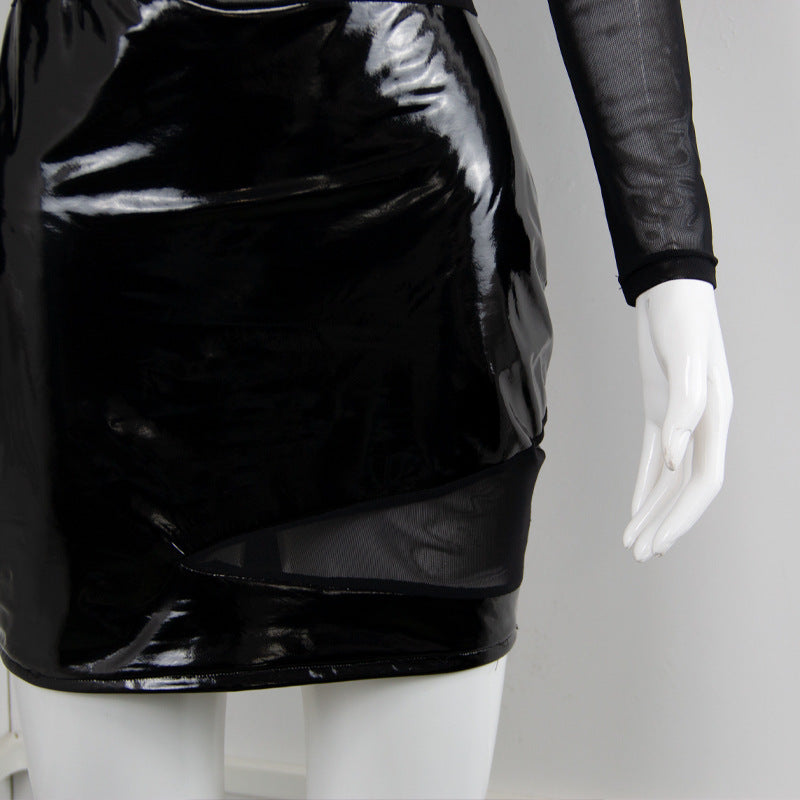 Mesh Panel PU Shiny Long Sleeve Wrap Dress