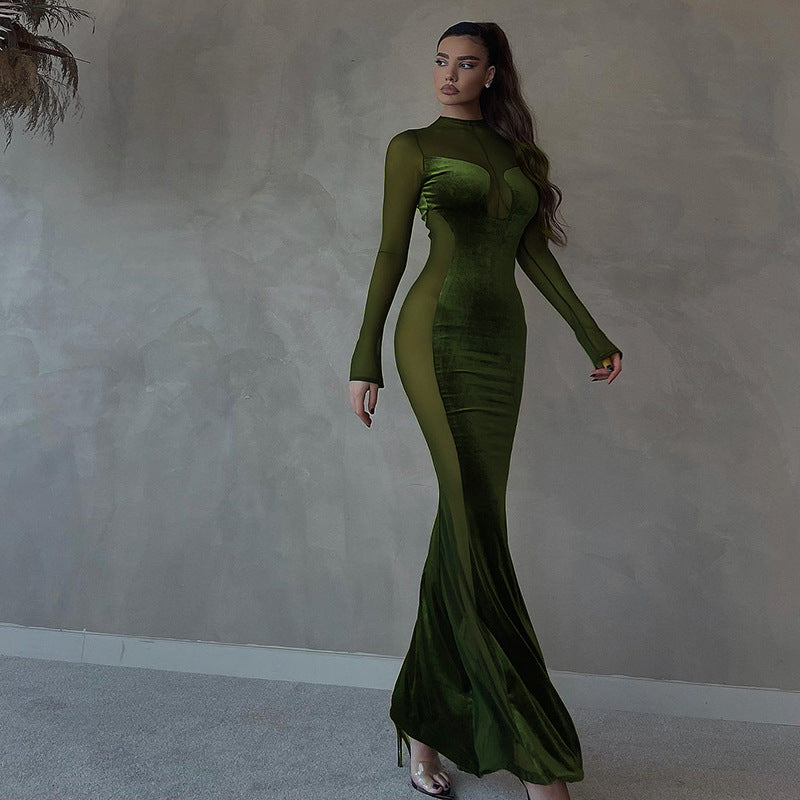 Women's Fashion Velvet Mesh Splicing Long-sleeved Dress