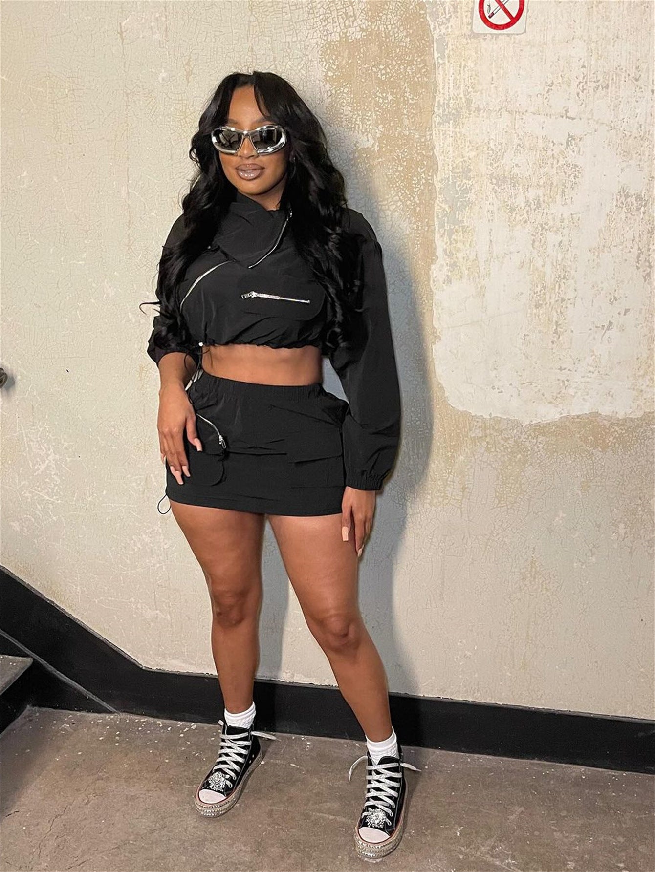 Veste de travail moulante unie à fermeture éclair, coupe sexy, manches longues, jupe taille basse