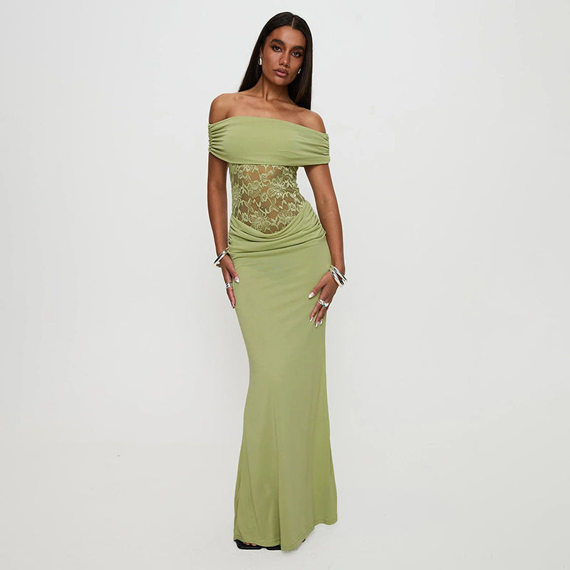 Robe extra longue en dentelle à épaules dénudées de couleur unie
