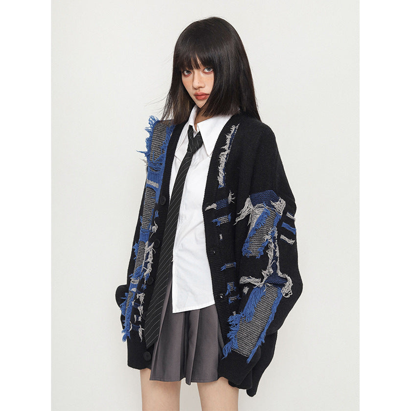 Retro Shabby Stitching Idle Style V-neck Cardigan Sweater