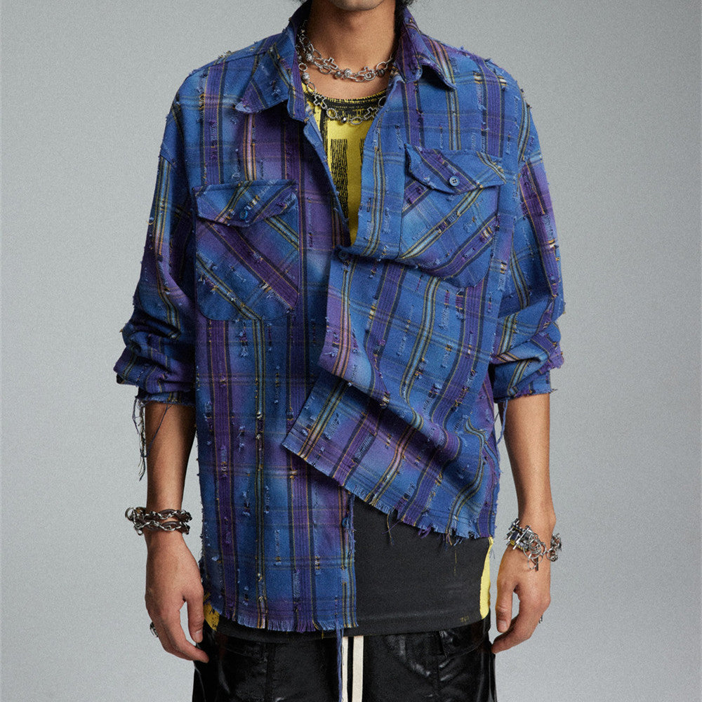 Tie-dye Gradient Plaid Shirt - High Street Fashion Design Sense