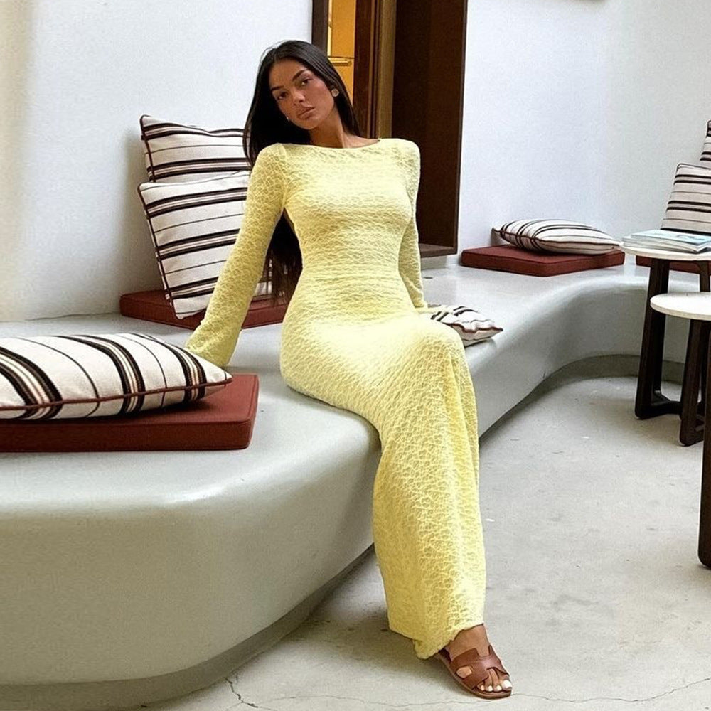 Backless Solid Color Flared Long Sleeve Round-neck Long Dress