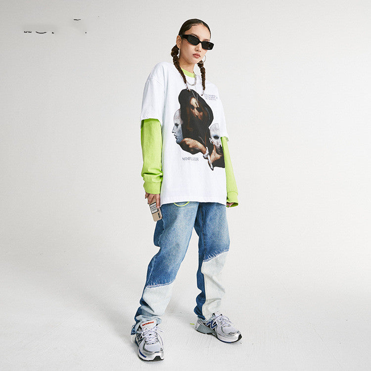 Personalized Dark Mask Print Top High Street Retro Lazy Style Short Sleeves