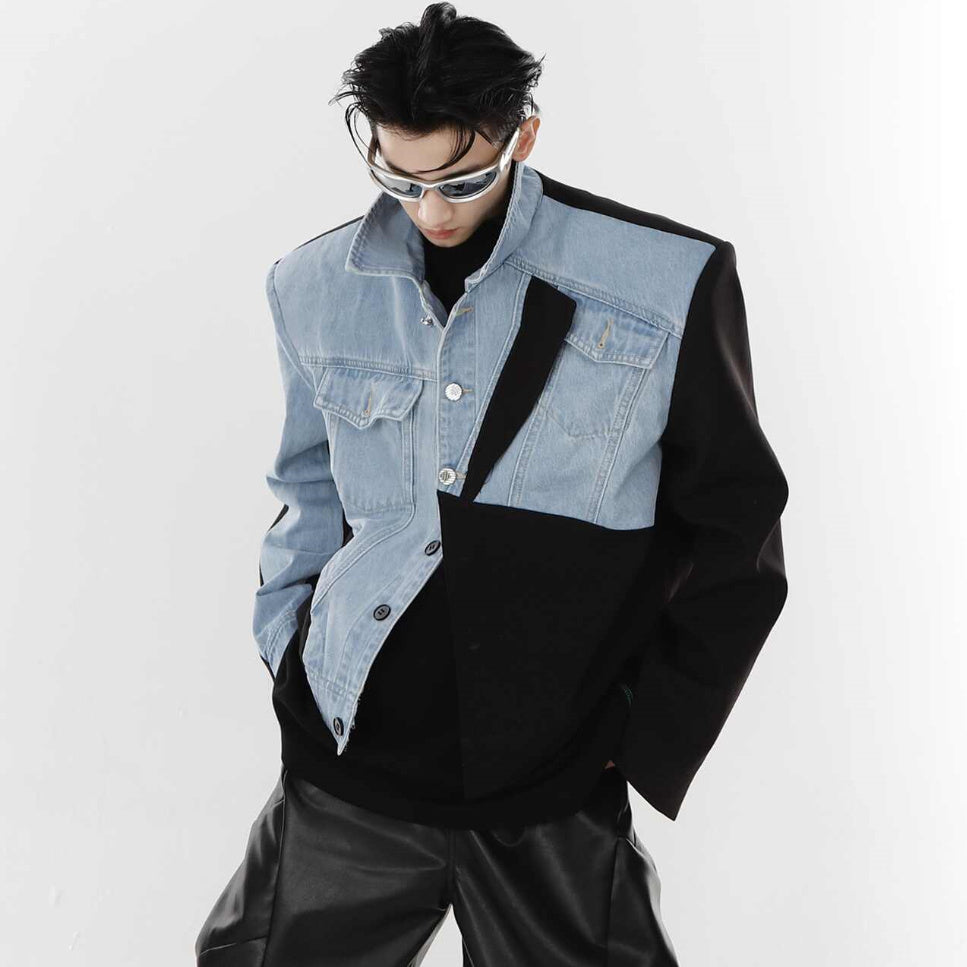 Denim  Patchwork Design Sense Padded Shoulder Suit Jacket Top