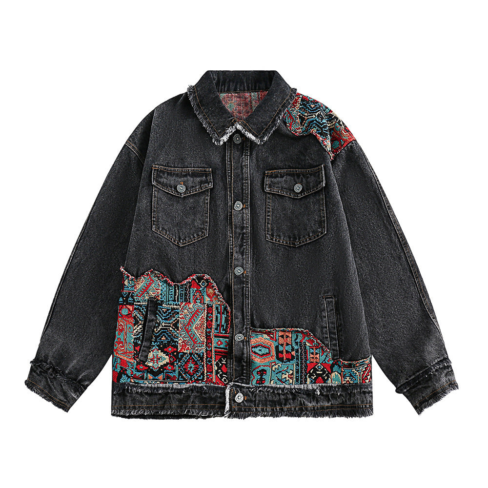 National Style Burrs Stitching Washed Denim Jacket