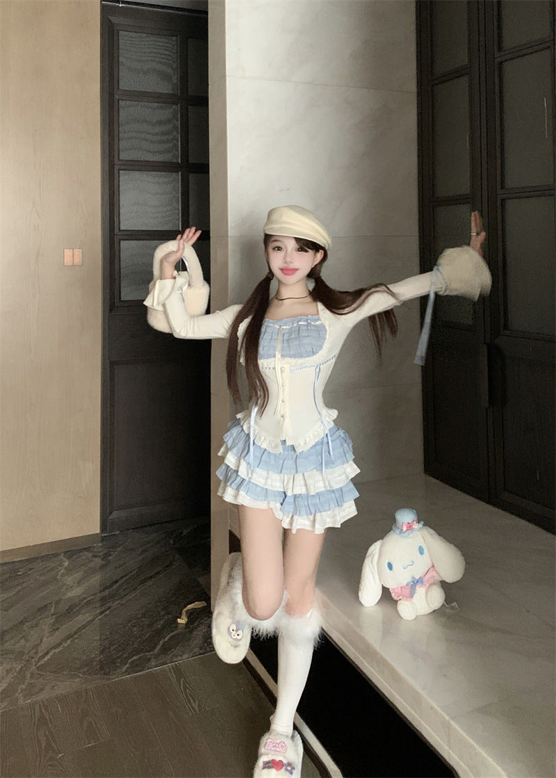 Waist-controlled Top Women's Autumn Tiered Skirt Short Skirt Two-piece Set