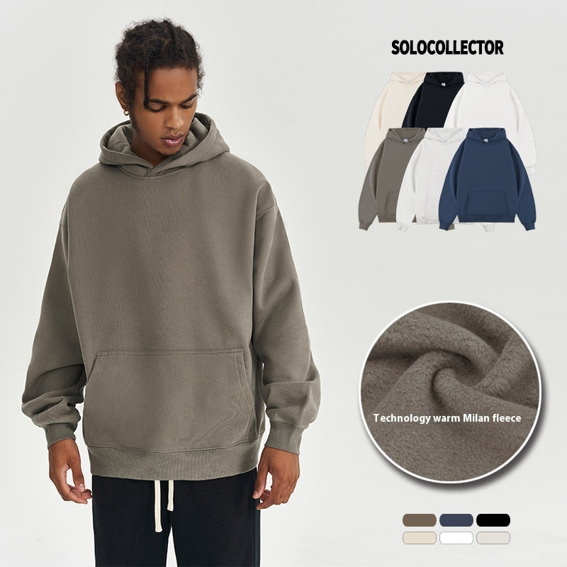 Fleece-lined Hooded Solid Color Loose Thick Trendy Brand Men