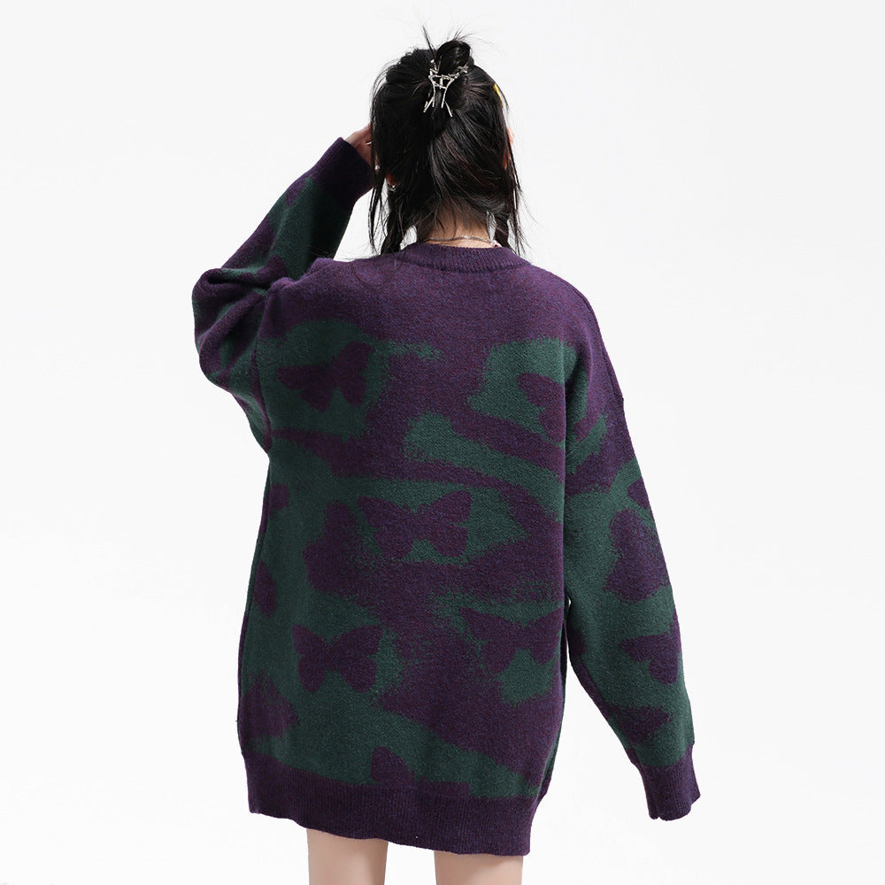 Full Printed Butterfly Design Sense Niche Round Neck Sweater