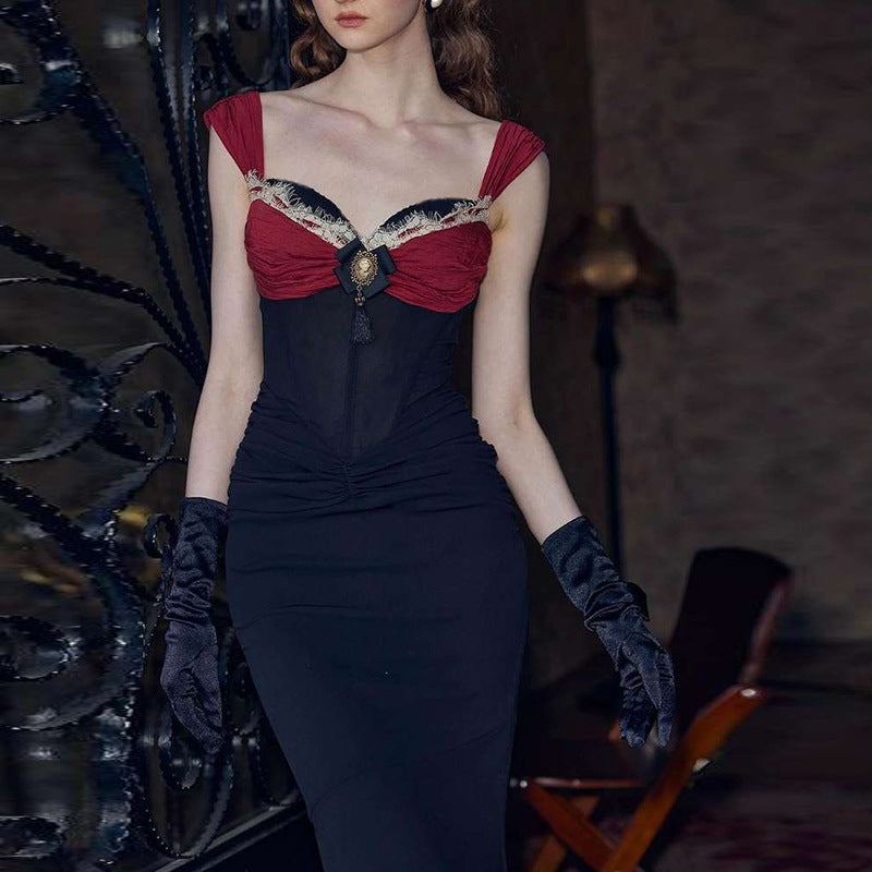 Robe longue rétro à taille serrée et couleur contrastée