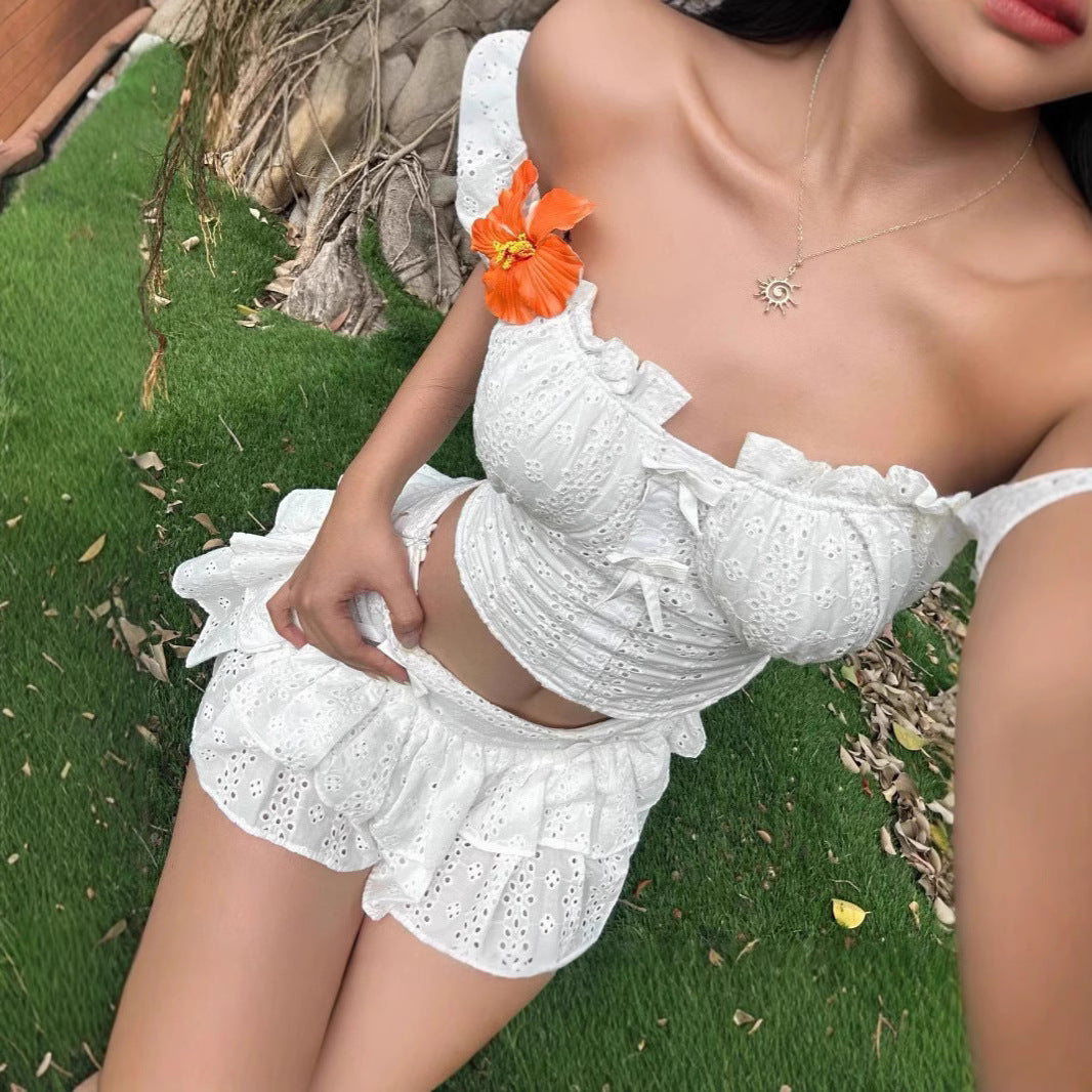 Womens Puff-Sleeve Top And Ruffle Hem Skirt Two-Piece Set