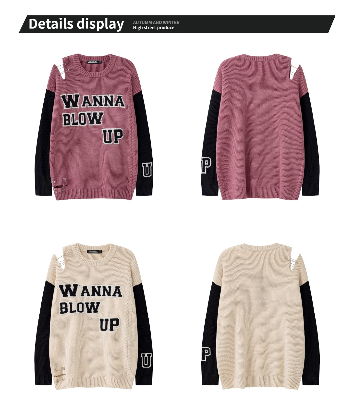 Ripped Pin Embroidered Letter Jacquard Knitted Sweater