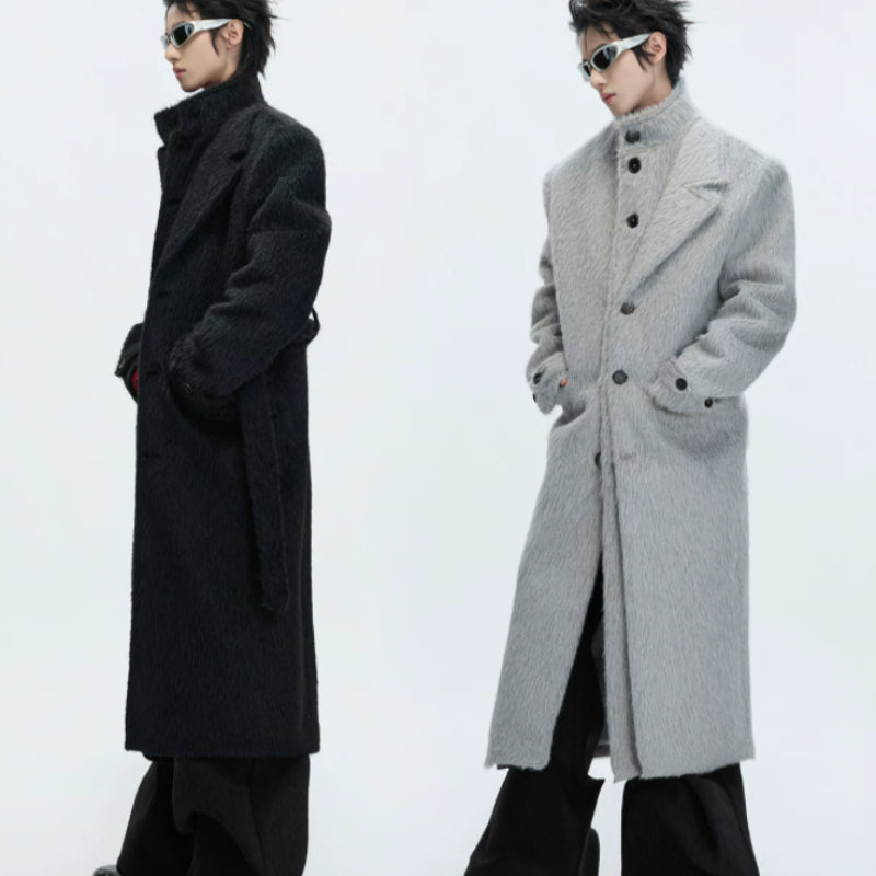 Short-pile Faux Two-piece Wool Coat Long Alpaca-blend Trench Coat