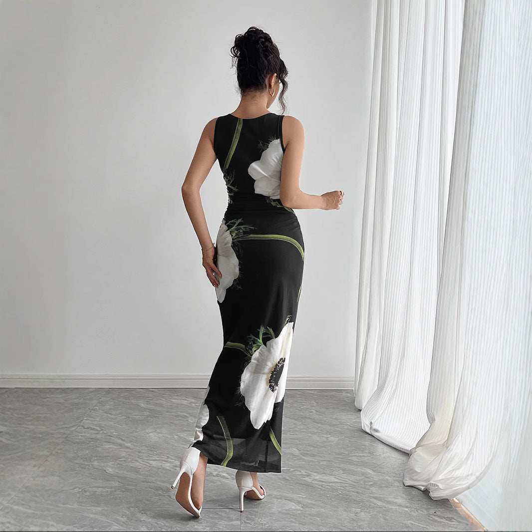 Robe longue sans manches à imprimé floral en maille noire