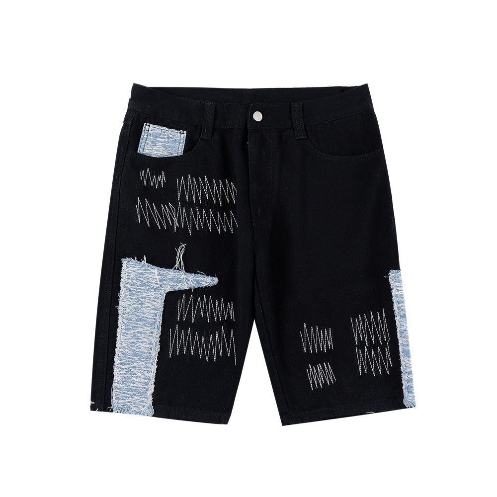 Contrast Panel Embroidered Denim Shorts