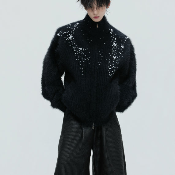 Turtleneck Plush Pearl Embellished Sweater Cardigan
