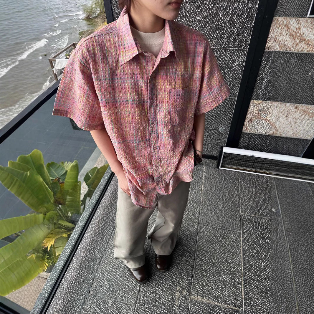 Plaid Seersucker Cross Yuke Loose Profile Short Sleeve Shirt Men's Summer
